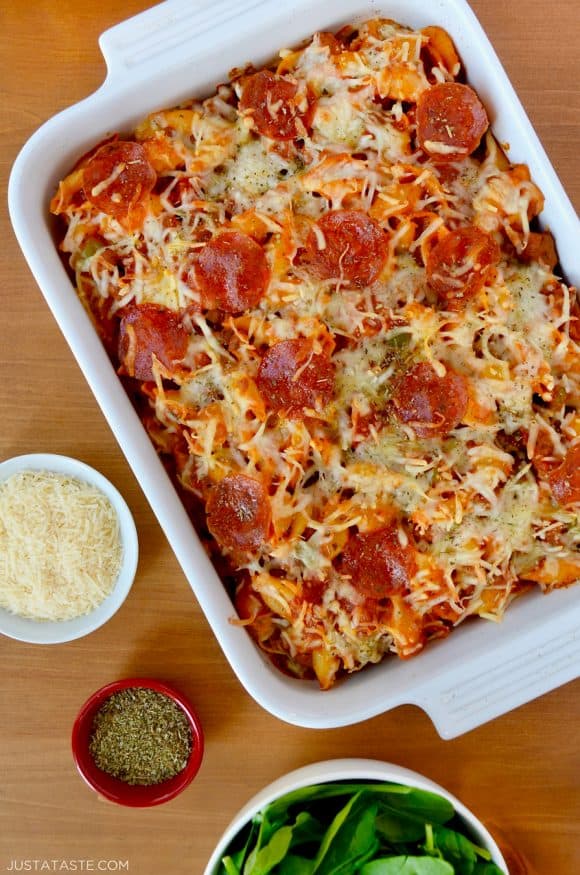 Pepperoni Pizza Pasta topped with parmesan cheese