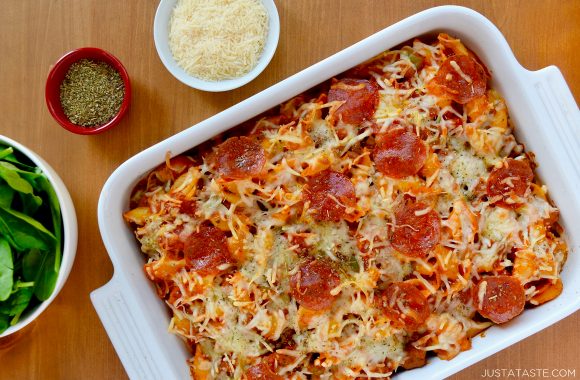 Cheesy Pepperoni Pizza Pasta in white baking dish