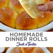 Top image: A hand holding a homemade dinner roll. Bottom image: A white baking dish containing golden-brown dinner rolls topped with large-flake sea salt.