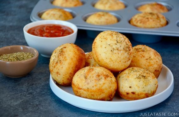 Homemade Muffin Tin Pizza Pockets with marinara sauce