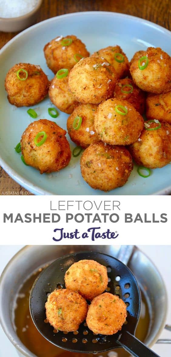 Top image: Leftover Mashed Potato Balls garnished with sea salt and chopped scallions. Bottom image: A slotted spoon with three Leftover Mashed Potato Balls.