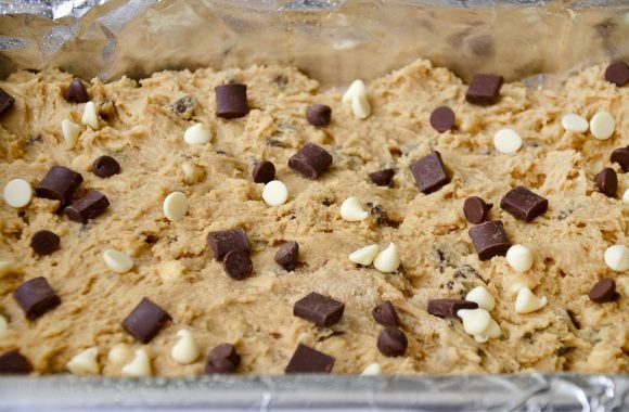 Chewy Chocolate Chip Cookie Sticks batter on foil-lined baking sheet