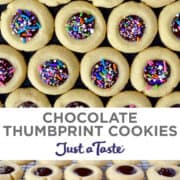 Top image: Chocolate Thumbprint Cookies with rainbow sprinkles. Bottom image: Chocolate Thumbprint Cookies on a wire cooling rack.