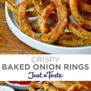 Top image: Crispy baked onion rings piled high on a white plate. Bottom image: Baked onion rings on a plate.