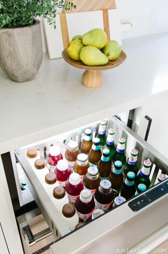 Viking refrigerator drawers filled with drinks in the Just a Taste kitchen