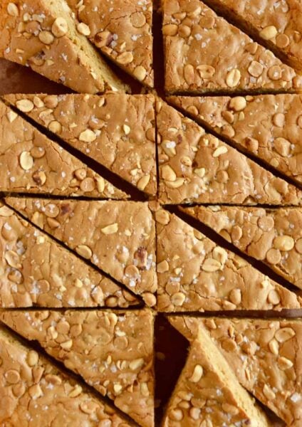 A top down view of Double Peanut Butter Blondies sliced into triangles