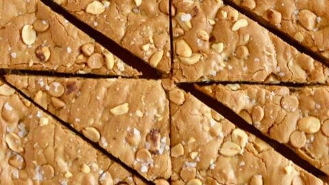 A top down view of Double Peanut Butter Blondies sliced into triangles