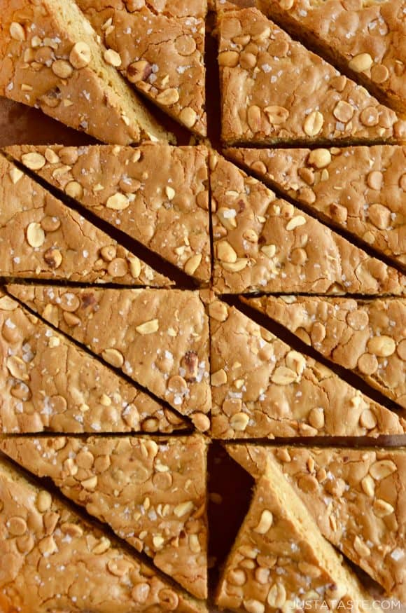 A top down view of Double Peanut Butter Blondies sliced into triangles