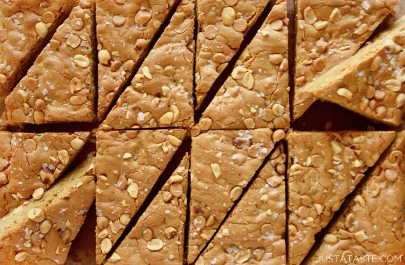 Double Peanut Butter Blondies sliced into triangles