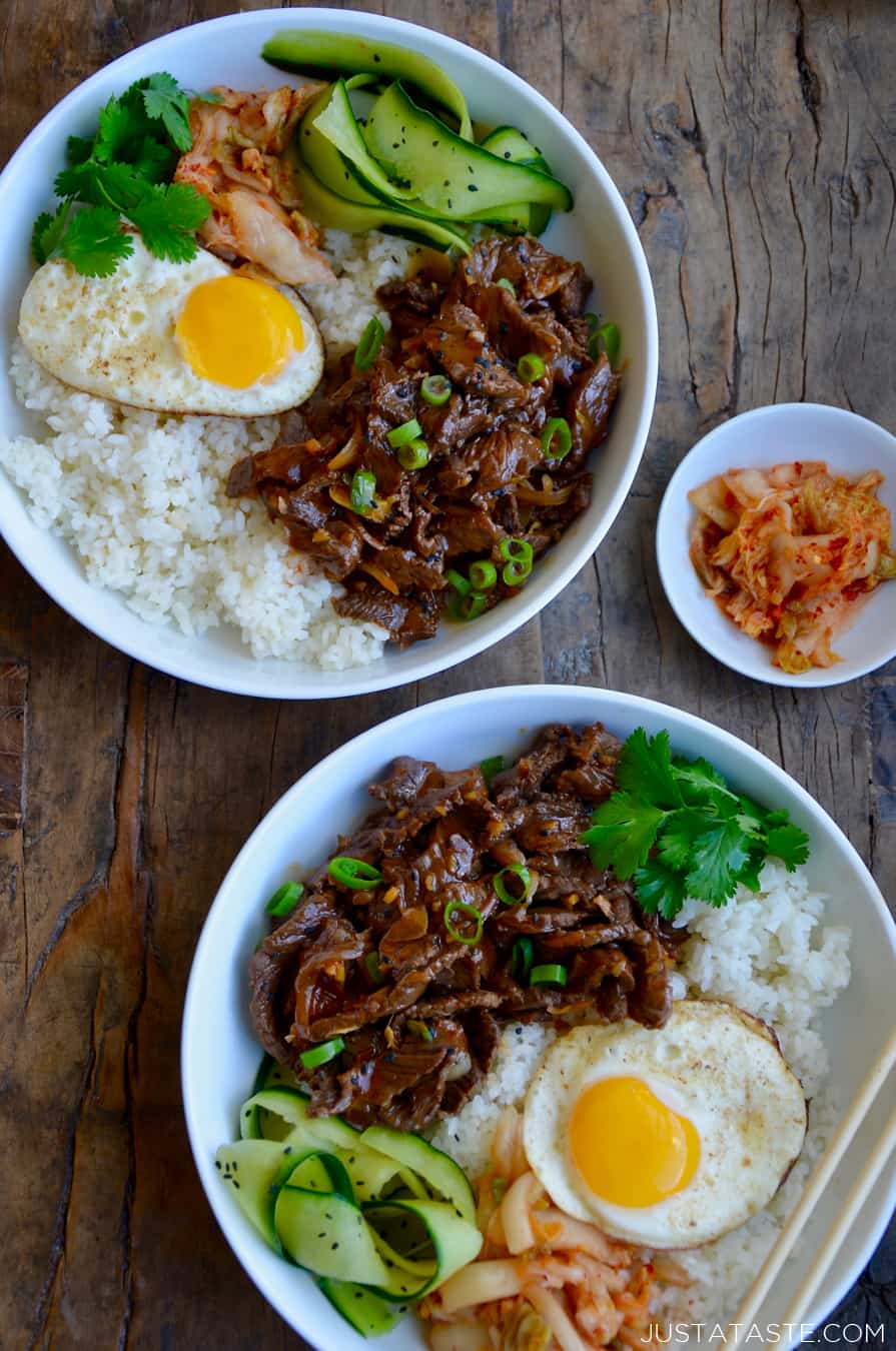 elevate your rice bowls with this ribeye steak donburi topped with