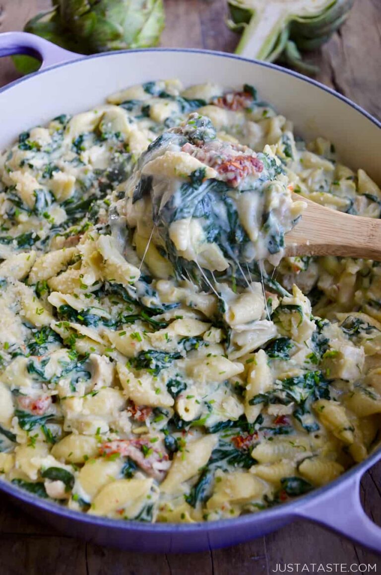 spinach-artichoke-dip-pasta-with-chicken-just-a-taste