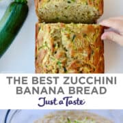 Top image: A top-down view of a banana and a zucchini next to a half-sliced loaf of zucchini banana bread with a child's hand reaching for a slice. Bottom image: A clear bowl containing quick bread batter and shredded zucchini.