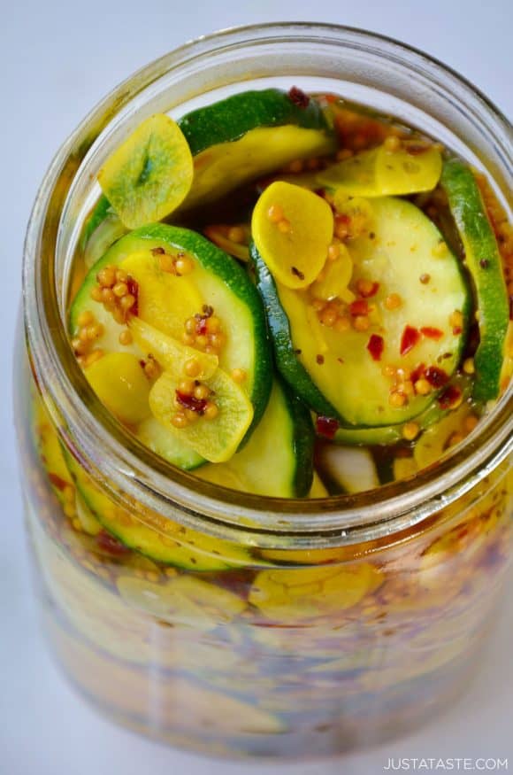 Top down view of mason jar filled with Bread and Butter Zucchini Pickles