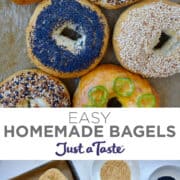 Top image: A top-down view of a variety of homemade bagels, including everything bagel, sesame seed, cheddar-jalapeño and poppyseed.