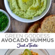 Top image: A top-down view of avocado hummus topped with olive oil and ground pepper in a white bowl. Bottom image: A top-down view of a food processor containing chickpeas, fresh herbs, garlic and avocado.