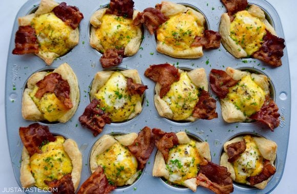 The best homemade Bacon, Egg and Cheese Toast Cups in a muffin tin