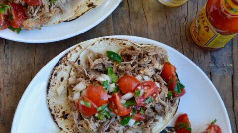 Top down view of Instant Pot Carnitas topped with cherry tomato pico de gallo salsa on white plate with tortilla chips