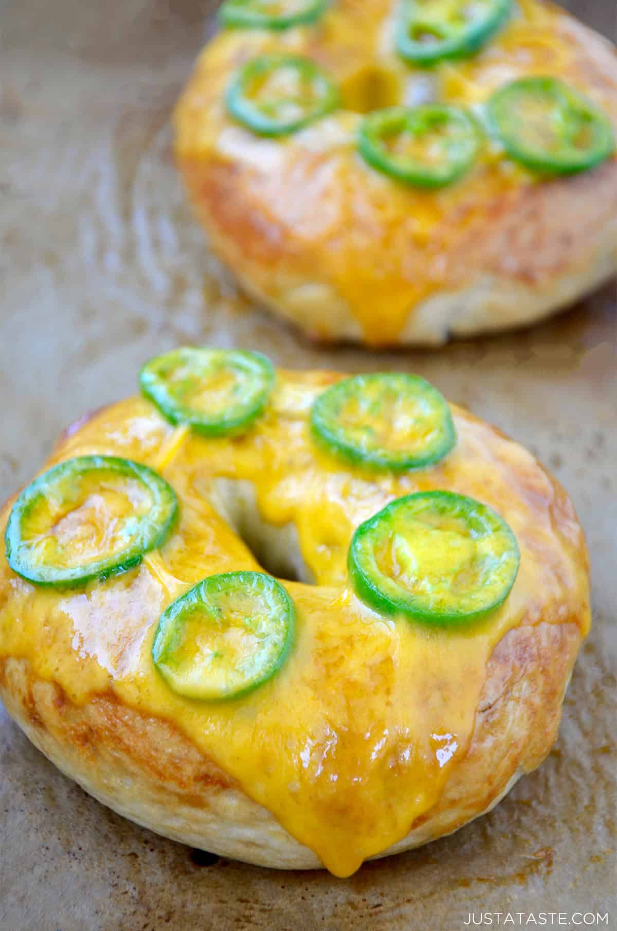 Homemade jalapeño cheddar bagels fresh out of the oven.