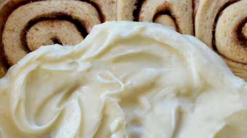 Top down view of Make-Ahead Cinnamon Rolls with Cream Cheese Frosting