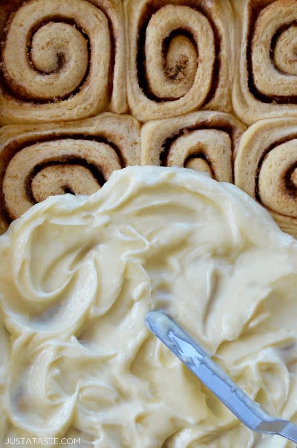 Top down view of Make-Ahead Cinnamon Rolls with Cream Cheese Frosting