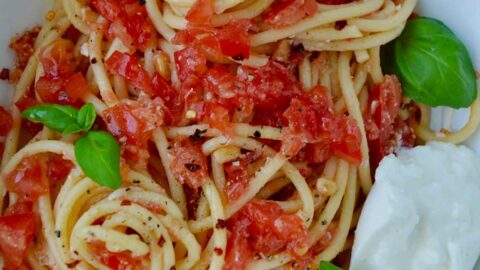 Top down view of bowl containing pasta with no-cook tomato sauce, fresh basil and burrata