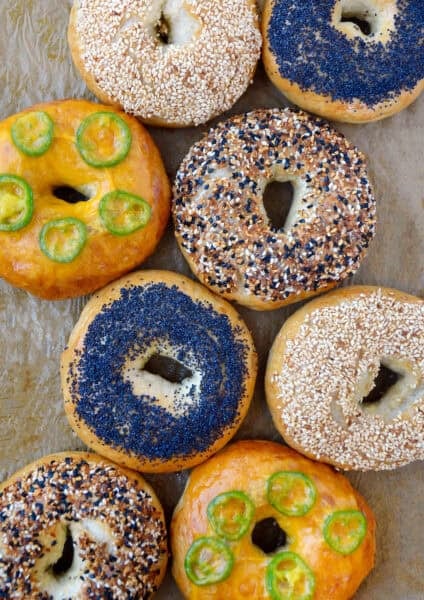 Four varieties of homemade bagels, including poppyseed, everything, sesame seed and jalapeño cheddar.