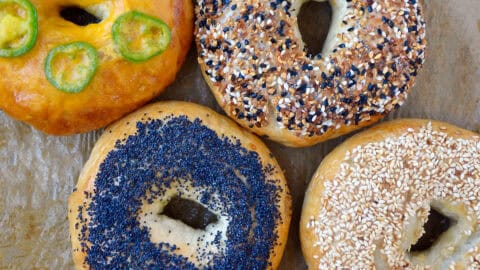 Four varieties of homemade bagels, including poppyseed, everything, sesame seed and jalapeño cheddar.