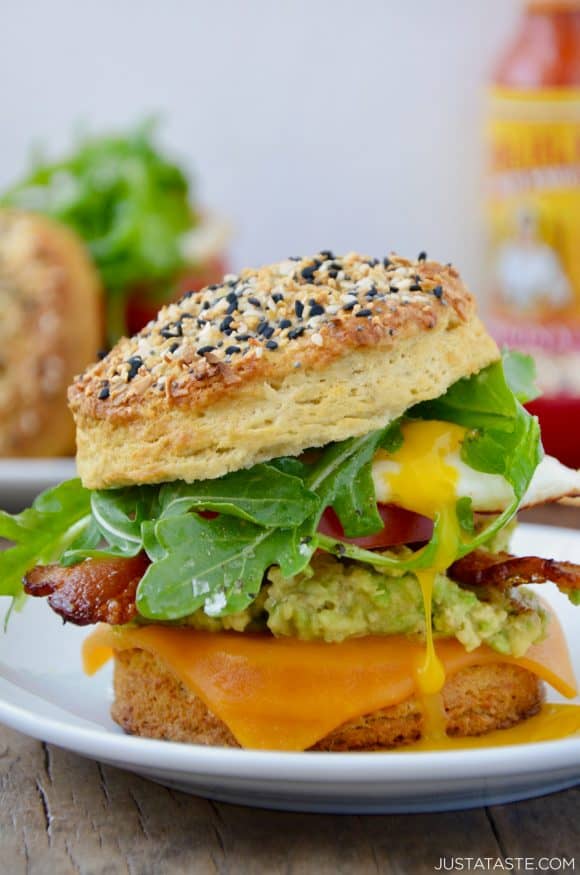 The Ultimate Biscuit Breakfast Sandwich with arugula, avocado, bacon and tomato