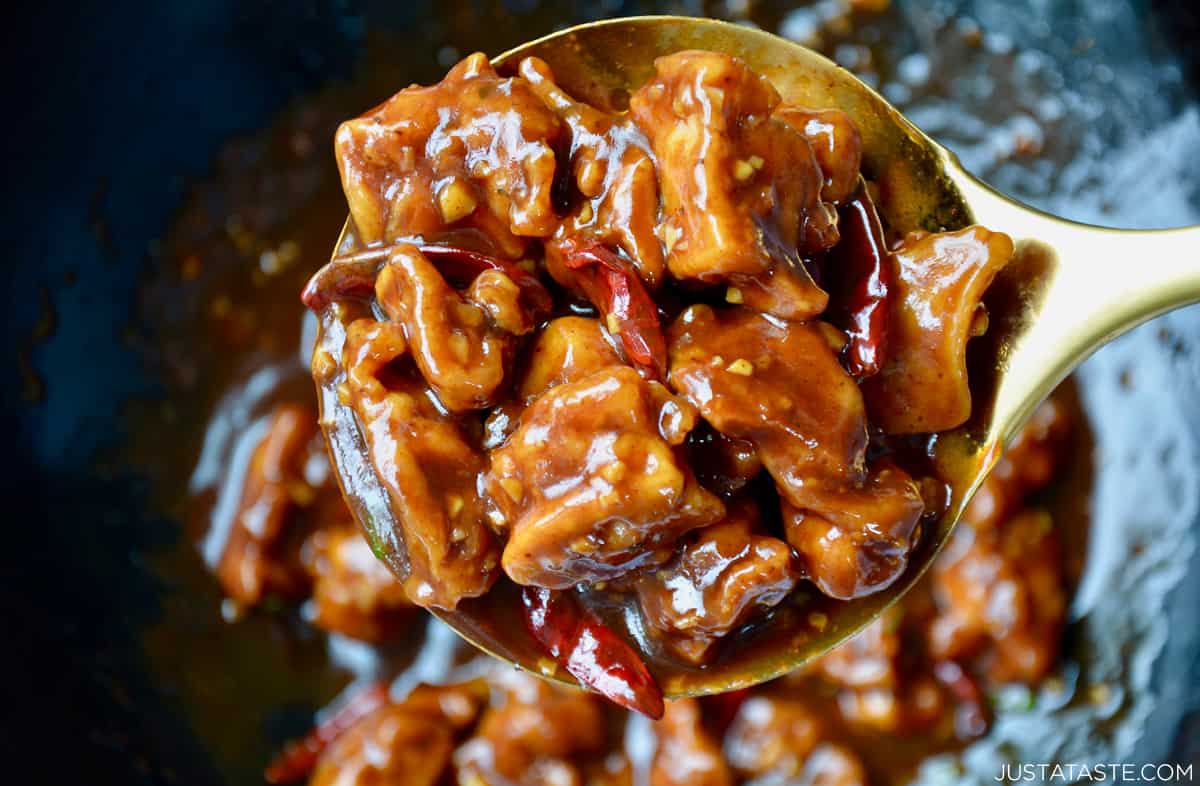 Gold spoon with homemade Easy General Tso's Chicken.