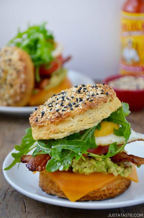 The best biscuit breakfast sandwich with arugula, heirloom tomato, avocado and cheddar cheese