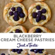 Top image: Top-down view of two rows of Blackberry Cream Cheese Pastries. Bottom image: Round cream cheese pastries topped with fresh blackberries.