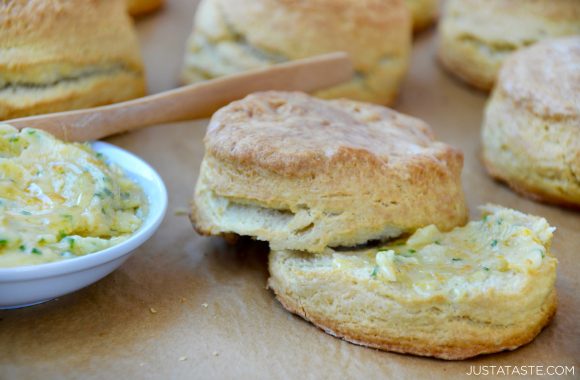 Easy buttermilk biscuit cut in half and topped with honey butter