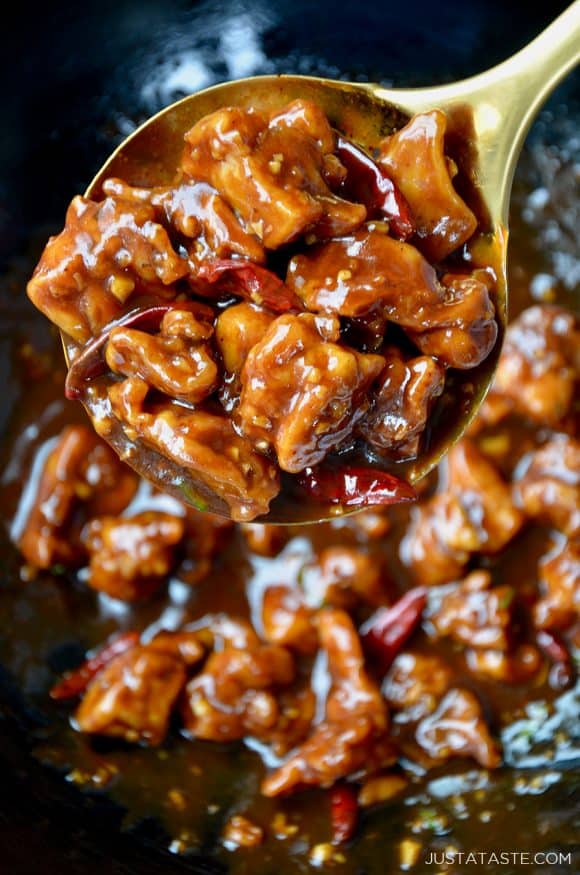 Large spoon containing Easy General Tso's Chicken