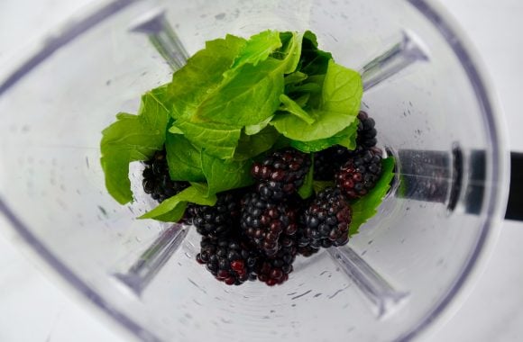Blender containing fresh mint, blackberries, lime juice and sugar
