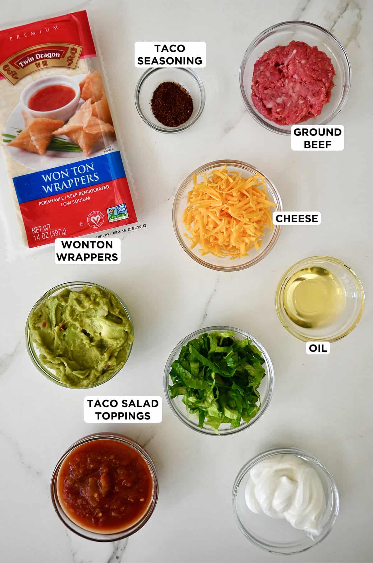 Ingredients to make taco cups with wonton wrappers.