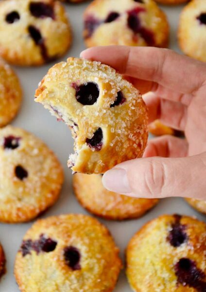 A hand holding a blueberry hand pie with more hand pies in the background