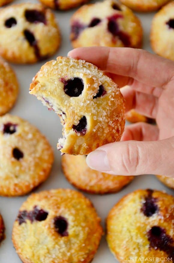 A hand holding a blueberry hand pie with more hand pies in the background