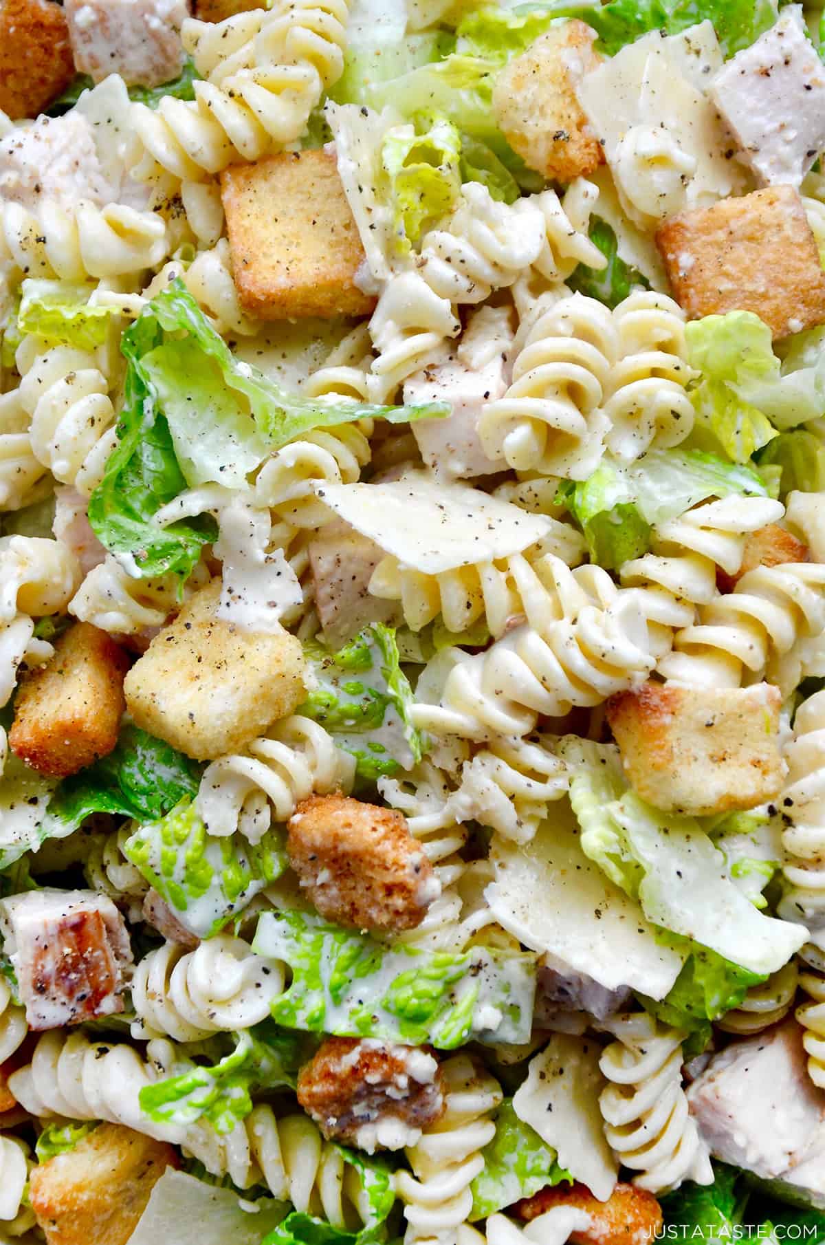 A close-up view of Caesar pasta salad with diced chicken and croutons.