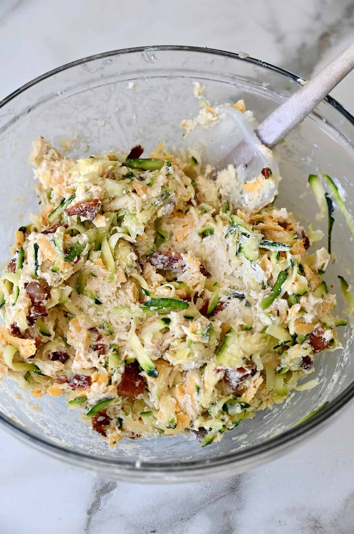 Savory scone mix with zucchini, cheddar cheese and crispy bacon.