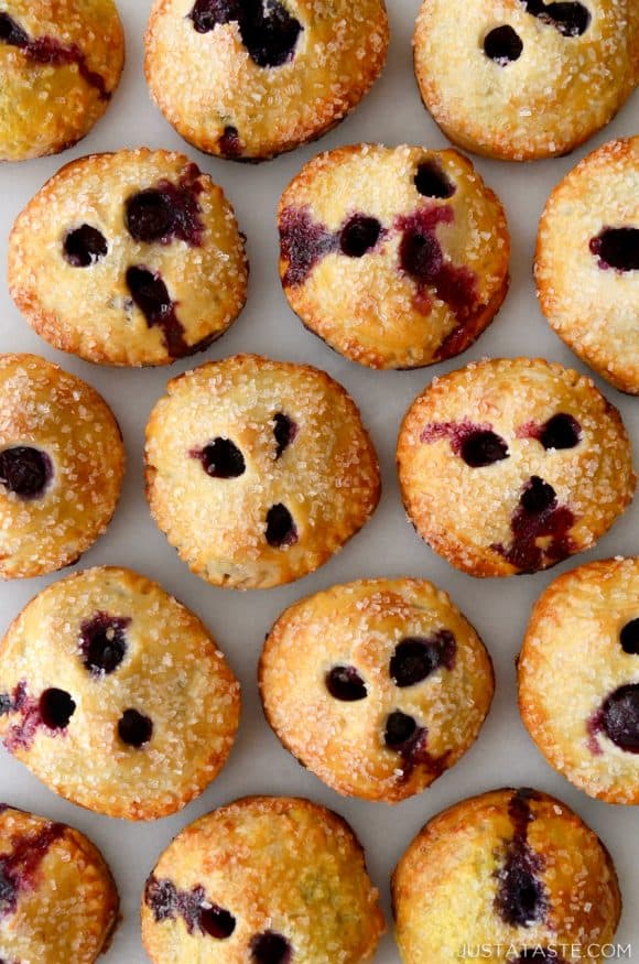 A close-up of blueberry hand pies lined up on a white background