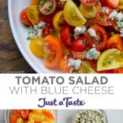 Top image: A close-up view of tomato salad with blue cheese and fresh chives on a white plate. Bottom image: Various sizes of bowls containing halved cherry tomatoes, blue cheese crumbles, olive oil, fresh chives and sea salt.