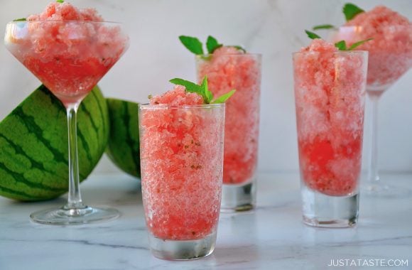 Boozy Watermelon Granita in different sized cocktail glasses