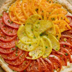 Top down view of easy Cheesy Tomato Tart with Caramelized Onions