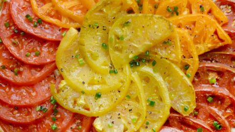 Top down view of easy Cheesy Tomato Tart with Caramelized Onions