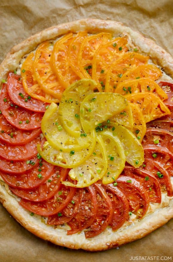 Top down view of easy Cheesy Tomato Tart with Caramelized Onions