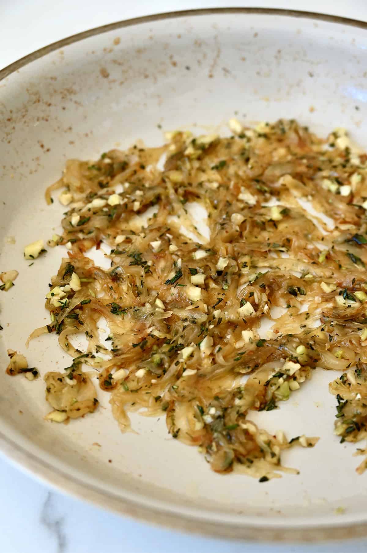 Caramelized onions with fresh herbs and garlic.