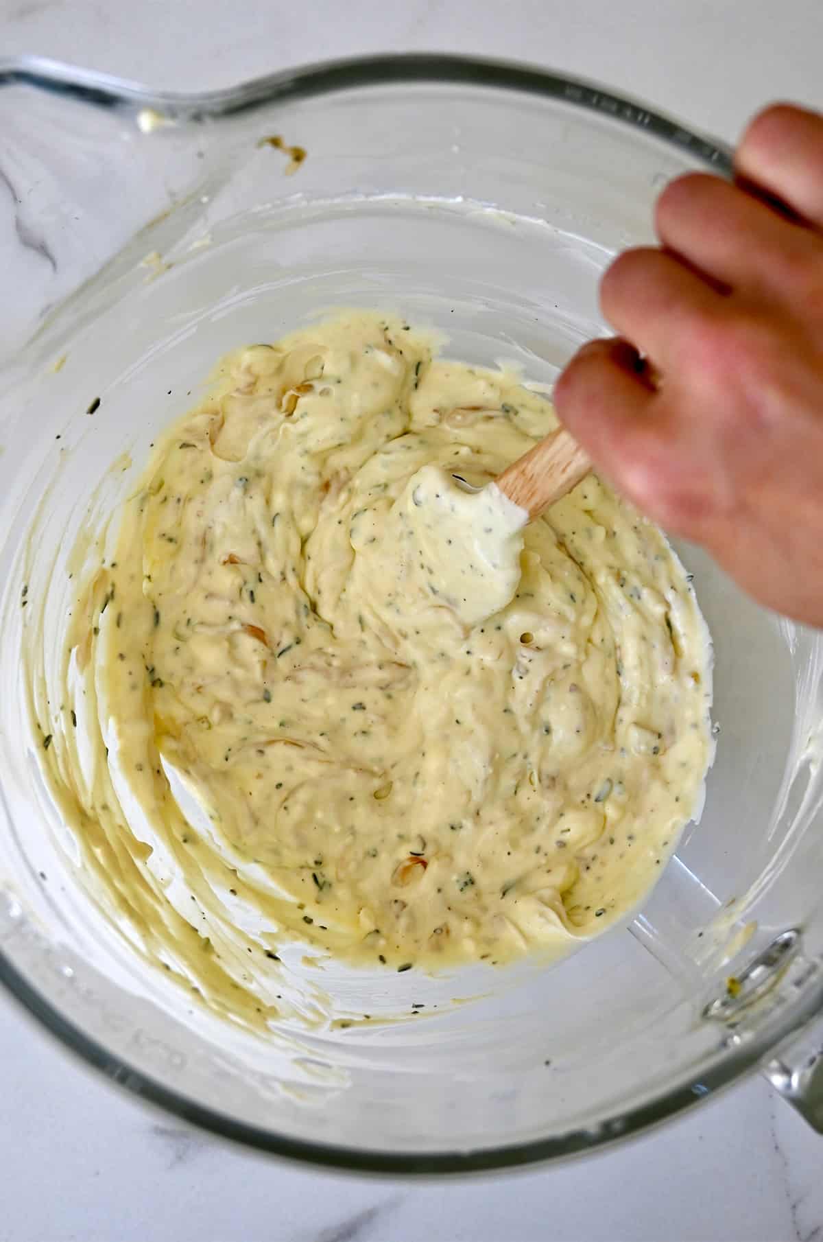 Caramelized onion cheese spread with herbs and garlic.