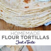 Top image: A stack of homemade flour tortillas wrapped in a white dish cloth. Bottom image: How to roll out flour tortillas - A top-down view of dough on a lightly floured cutting board next to a rolling pin.