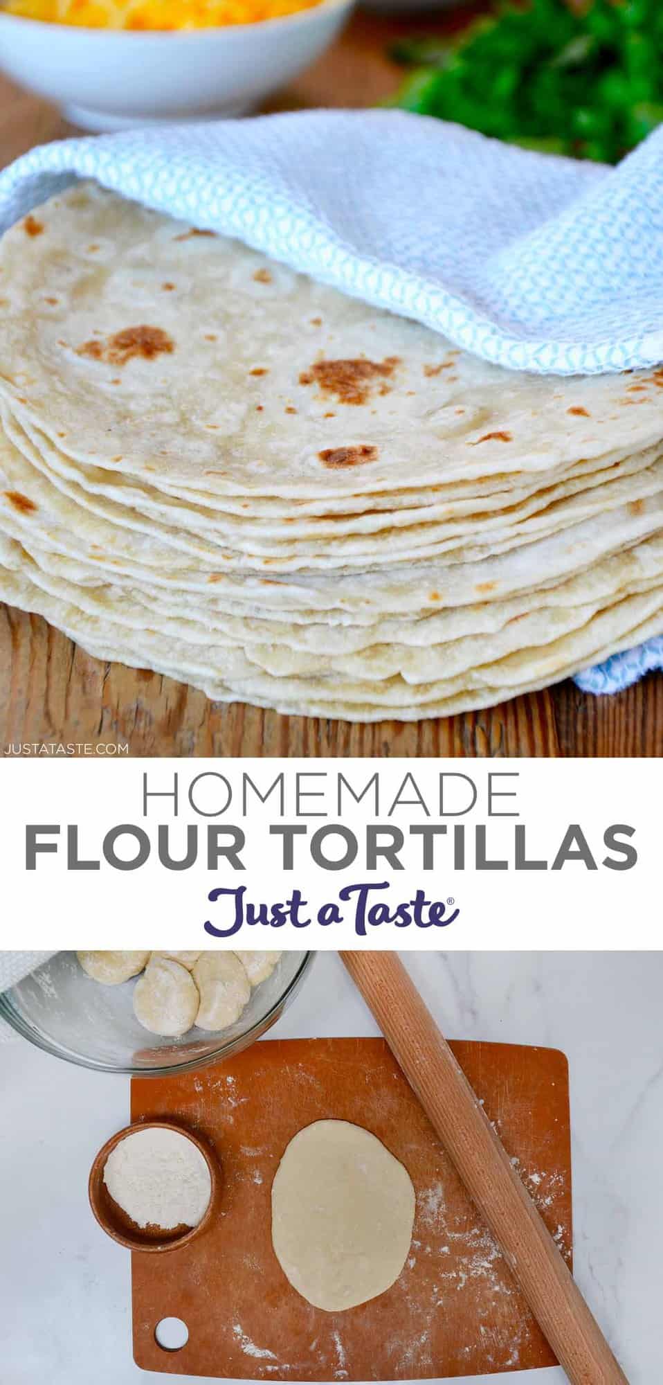 Top image: A stack of homemade flour tortillas wrapped in a white dish cloth. Bottom image: How to roll out flour tortillas - A top-down view of dough on a lightly floured cutting board next to a rolling pin.