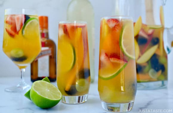 Various glasses filled with the best White Sangria for All Seasons